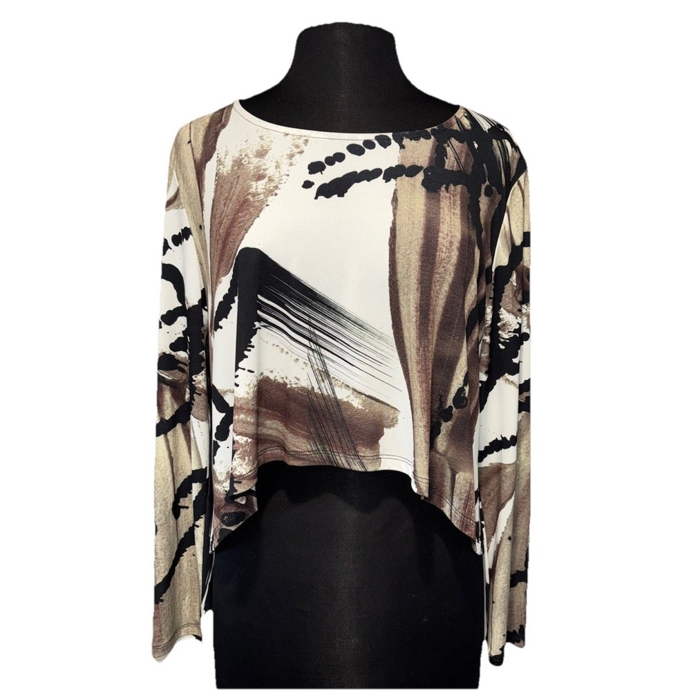 NEW By JJ High Low Abstract Artsy Top Women's Med Brown Cream Long Sleeve